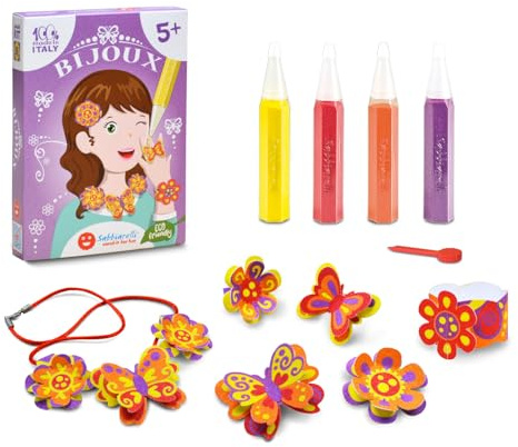 Sabbiarelli – Kit Bijoux 5+ | Sand Art-set för att skapa smycken | Innehåller självhäftande kartongark, färgad sand och lyftverktyg | 100% Made in Italy | kreativt pyssel | barn 5-12 år