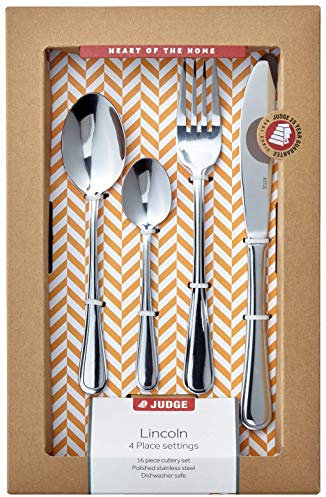 Judge Lincoln 16-Piece Stainless Steel Cutlery Set in Gift Box for 4 People, Dishwasher Safe - 25 Year Guarantee