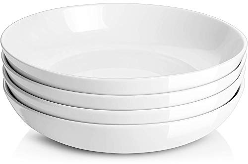 DOWAN 9.75 Pasta Bowls Set of 4, Large Shallow White Ceramic Salad Bowls, 50oz Wide Dinner Bowls for Pasta, Soup, Salad & Stew, Microwave & Dishwasher Safe, Housewarming Gift(Soft White)