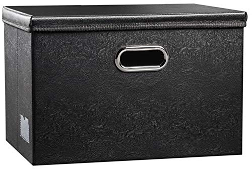 PRANDOM Large Collapsible Storage Bin with Lid [1-Pack] Leather Fabric Foldable Storage Box Organizer Containes Basket Cube with Cover for Home Bedroom Closet Office Nursery Black (17.7x11.8x11.8)