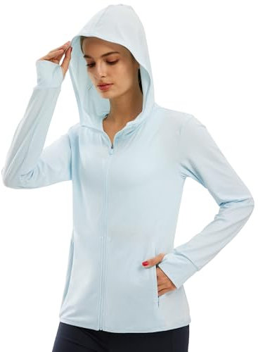 Libin Damen UPF 50+ Sonnenschutz Hoodie Full Zip Laufshirt Langarm Sun Shirt Sportshirt für Running Wandern Outdoor Surfen mit Taschen, Eisblau M