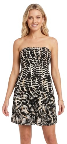 STAR FASHION Women’s Printed Sheering Top Shirred Bandeau Dress Off Shoulder Boob Tube Mini Dress Strapless Summer Beachwear Top Snake Print 12-14