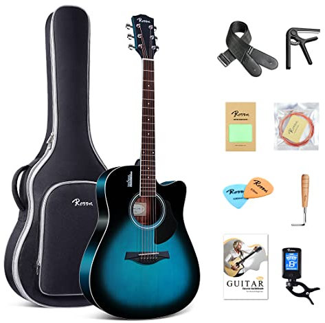 Rosen Solid Top Gitarre Dreadnought Akustikgitarre 41 Zoll Einsteiger-Gitarren-Bundle aus Fichte mit Buch, gepolsterter Tasche, Saiten, Plektren, Stimmgerät, Inbusschlüssel, Gurt, Poliertuch, blau