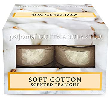 pajoma® Duftteelichte 12 Stück, Soft Cotton | mit Stearinsäure-Wachs in Polycarbonat-Hülle | Brenndauer ca. 3 Stunden - Höhe 1,5 cm ø 3,5 cm | Premium Qualität | Deko, Gastronomie, Outdoor