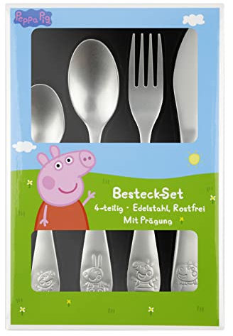 p:os Peppa Wutz Kinderbesteck, 4-teiliges Besteckset mit Messer, Gabel, Suppenlöffel und Dessertlöffel, Essbesteck mit Prägung aus rostfreiem Edelstahl, Silber