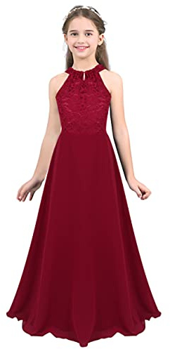 Mufeng Robe Longue Dentelle Fille Robe Mariage Soirée Communion Fête Anniversaire Baptême Costume Princesse pour Enfant 4-16 Ans Bordeaux 12 Ans