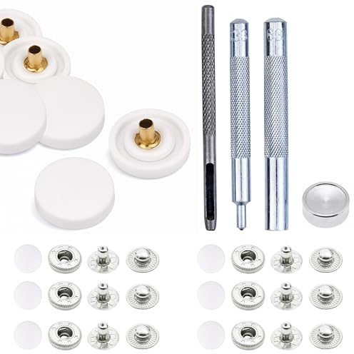 Trimming Shop Botones de presión de Resorte S de 15 mm con broches Traseros de Metal Plateado, Botones de Mano de fijación para Manualidades de Cuero, Chaquetas, Bolsos, Blanco, Juego de 10 Piezas