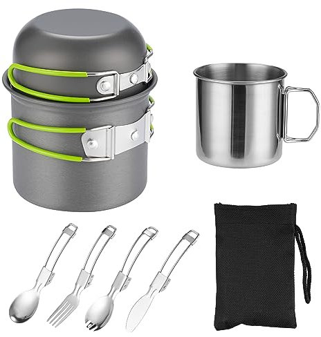 Camping Kochgeschirr Mess Kit für 1 Person, ISFORU Camping Antihaft-Kochset enthalten Rucksack Topf und Pfanne Set mit 304 Edelstahl Tasse und Utensilien Set für Reisen Trekking und Wandern
