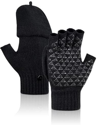 Kiiwah Gants d'hiver Convertibles Antidérapants, Tricotés Demi-Doigts Mitaines pour Hommes Femmes, Gym, Course, Cyclisme et Bureau (Noir)