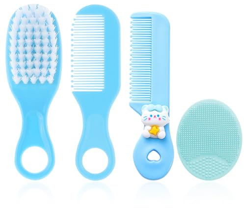 Juego de 4 cepillos de pelo para bebés, cepillo de masaje, set de peines, cepillo de cuidado de silicona, peine para bebés, cepillo de pelo suave para niños y recién nacidos (azul)