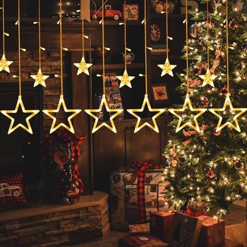 MEgegulo Christmas LED Stars Curtain Lights，3.5M Warm White Christmas Decorations, 12 Stars 138 Curtain Fairy String Lights,8 Flashing Modes,Holiday, Party, Ramadan (Battery Box)
