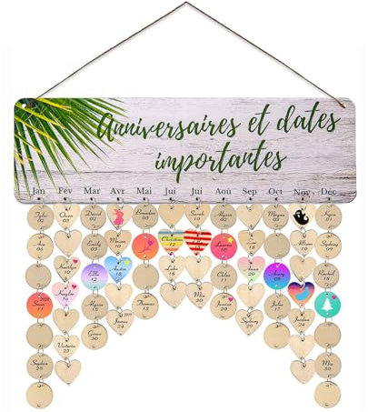 Cassiana Ewiger Geburtstagskalender in französischer Sprache. Zum Erinnern an Familien- und Freundesfeiern, wichtige Ereignisse Termine - Wandaufhängung aus Naturholz - Personalisierte Dekoration