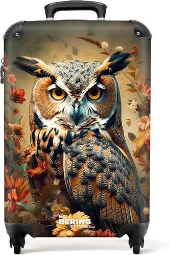 NoBoringSuitcases.com® Handgepäck Koffer 55x35x20 cm Trolley Carry on Handgepäckkoffer 4 Rollen Leicht Kabinentrolley Hartschalenkoffer Eule - Blumen - Orange