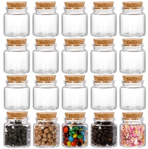 Dicunoy 20 PCS Glass Favor Jars with Cork Lids, 2 OZ Mini Round Vials Bottles, Small Cute Spice Containers for Tea, Jelly, Candy, Dried Flowers, Wedding Party Favors, DIY Crafts