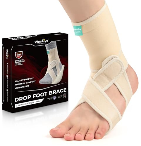 Welnove Drop Foot Brace for Walking - (2 Pack)AFO Ankle Brace with Arch Support, Relieve the Instability of Lower Limbs by Foot Drop, MS, TBI, Spinal Cord Injury, Cerebral Palsy (Left & Right, Beige)