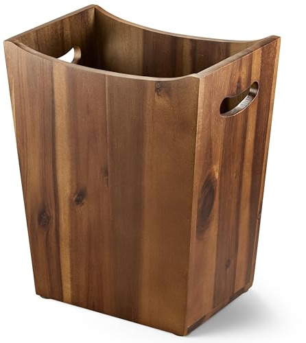 Tidita 2 Gallon Rectangular Wastebasket with Built-in Handles, Walnut Color | Acacia Wood, Rectangular Shape, Integrated Handles, Garbage Bin for Spa, Bathroom, Kitchen Counter, Living Room, Walnut Color