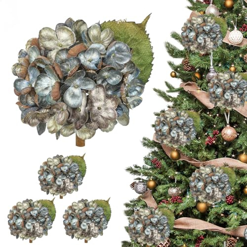 Oairse Hortensias artificiales de 12 cm de diámetro con clips, 3 unidades, flores brillantes para decoración de árbol de Navidad, arreglos florales, hortensias artificiales para Navidad, bodas