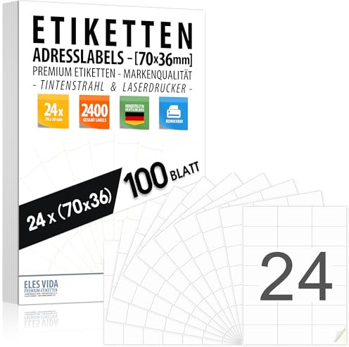 Versandetiketten 70x36 mm (2400 Etiketten – 100 Blatt A4) selbstklebend, bedruckbar, Tinten- und Laserdrucker Adressaufkleber, Adressetiketten, Druckeretiketten, Absenderetiketten MADE IN GERMANY