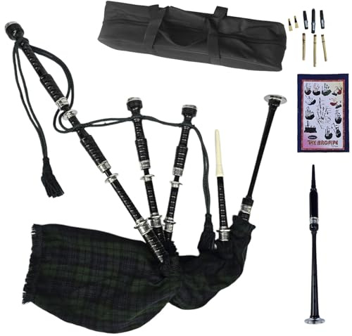 Highland Black Silver Mounts Bagpipe Set - Complete Package with Drone Set, Practice Reeds, Tutor Book, Carry Bag & Tartan Designs (Black Watch)