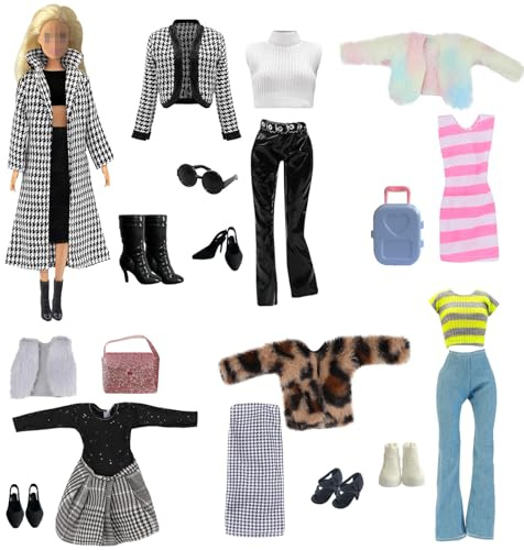 Vêtements et Accessoires compatibles avec Barbie vêtements - Contient Un Ensemble de Mille tombes à Oiseaux, 5 Autres Mode d'hiver et 6 Paires de Chaussures, Une Valise, Un Sac à Main et des