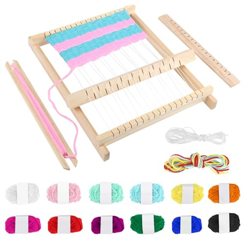 MXTIMWAN Métier à Tisser en Bois, Cadre à Tisser pour Enfants avec 12 Couleurs de Fil, Peigne à Tisser, DIY Machine Tisser à la Main pour Débutants, Étudiants, Activité Manuelle Enfant