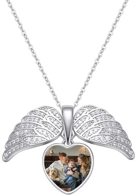 Svyqwmz Collier Ailes d'Ange personnalisé avec photo Collier pendentif photo personnalisé avec médaillon en forme de coeur Cadeau commémoratif pour femmes et hommes