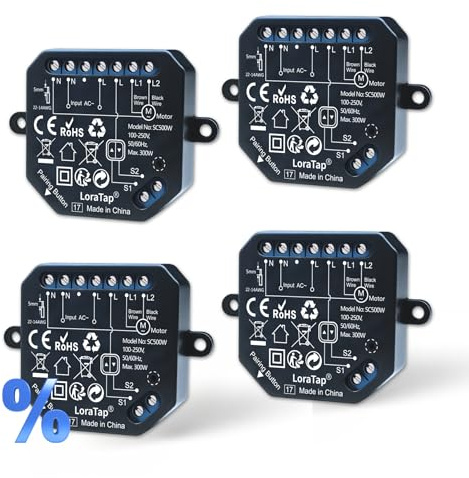 LoraTap controllo Wi-Fi per tapparelle & veneziane motorizzate – posizionamento 0–100%, controllo vocale con Alexa, compatibile con interruttore a 2 pulsanti, confezione da 4, 2,4 GHz, 300 W