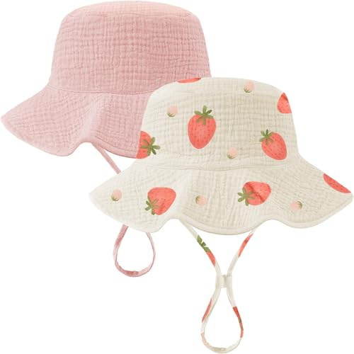 2 Pack Muslin Baby Sun Hat Sun Protection Baby Bucket Hat with Wide Brim Beach Hats for Boys Girls (US, Age, 0 Months, 6 Months, Pink + Strawberry)
