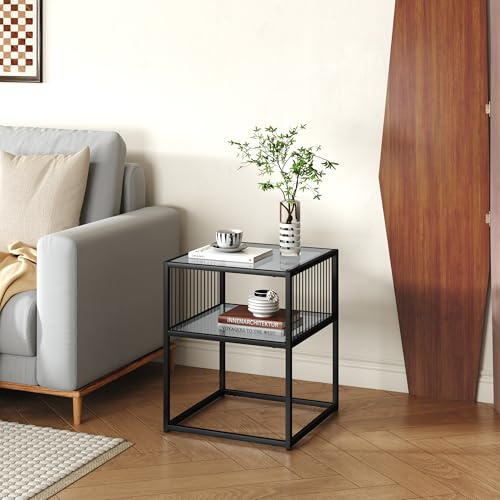 [en.casa] Tavolino Laterale con Telaio in Acciaio Tavolo Basso da Divano con Piano Quadrato e Ripiano in Vetro Temperato Comodino 50 x 40 x 40 cm per Soggiorno Camera da Letto Studio - Nero
