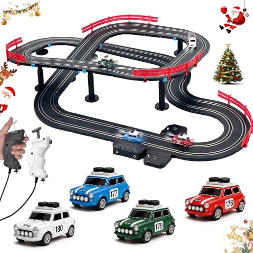 Slot Car Race Track Set 1:87 with 4 High Speed Vintage Rally Cars, Electric Battery Dual Race, 2 Controllers, Lap Counter, Circular Overpass, Loop Crossover, Toys Gifts for Kids Teens Adults All Ages