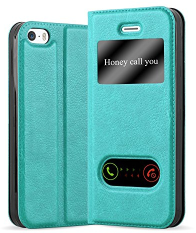 cadorabo Coque pour Apple iPhone 5 / iPhone 5S / iPhone SE en Turquoise Menthe - Housse Protection avec Stand Horizontal et Deux Fenêtres - Portefeuille Etui Poche Folio Case Cover