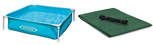 Intex Kinderpool Frame Pool Mini, Blau, 122 x 122 x 30 cm & Windhager Abdeckplane, 4m Sandkasten-Abdeckung, Sandkisten-Plane mit Metallösen und Gummikordel, Small, 180 g/m² 1,4 x 1,4 m, grün, 07046