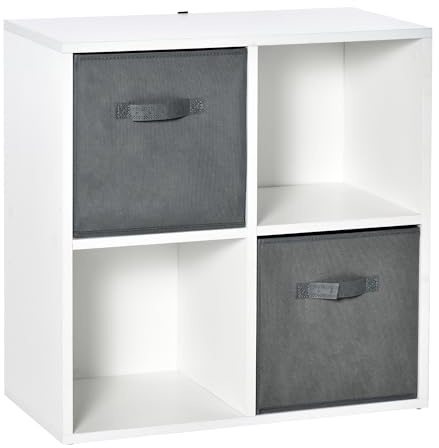 HOMCOM Estantería para Libros de 4 Cubos Librería Modular con 2 Cajones Extraíbles de Tela no Tejida para Oficina Estudio Dormitorio 61,5x30x61,5 cm Blanco y Gris