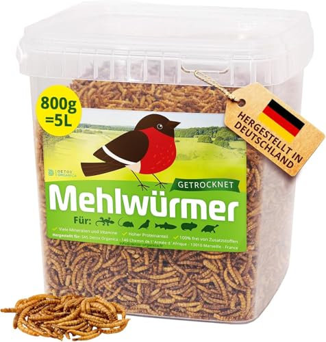 Detox Organica Mehlwürmer Getrocknet, 800g (5L) getrocknete Mehlwürmer mit sehr hohem Proteingehalt, Würmer für Reptilien, Vögel, Wildvögel, Igel, Fische, Schildkröten & Nager – Premium Qualität