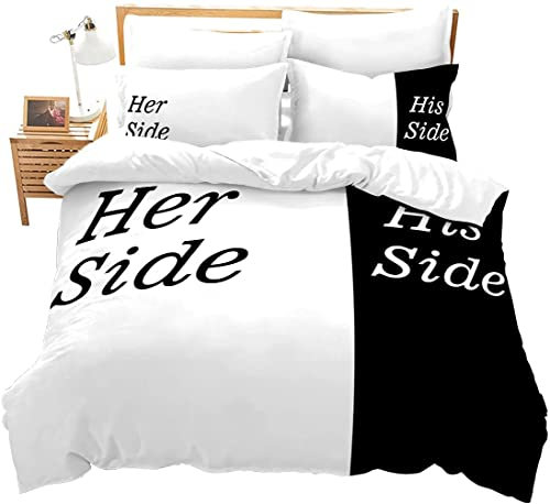 Loussiesd Her Side - Set di biancheria da letto per letto matrimoniale, colore: bianco e nero, per donne, amanti della coppia, in microfibra, morbido, traspirante, decorazione per la camera da letto