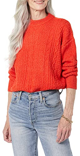 Amazon Essentials Women's Soft-Touch Modern Cable Crewneck Sweater (Available in Plus Size), Poppy Red, S