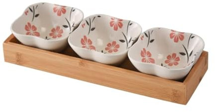Juego de 3 cuencos de cerámica para servir con plato de bambú, ideal para tapas, antipasti, sushi, raclette o fondue (GB6003)