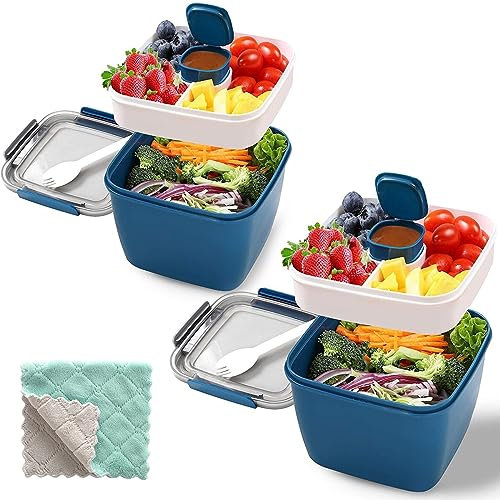2 Pack Double Layer Lunch Box, 1.5L Bento Box with Divided Compartments Lunch Box Adult/Children, Leak-Proof Large Capacity Salad Box with Cutlery, Salad Dressings Container & Rag for School, Office