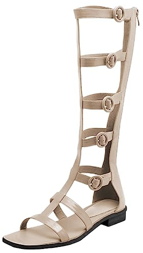 Jamron Mujer Puntera Abierta Ajustable Sandalias con Tiras Sandalias Gladiator Romanas Botas Rodilla con Cremallera Albaricoque SN0702131 EU40