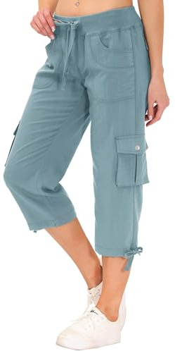 JINSHI Pantaloni Donna Cargo Pantalone Capri 3/4 Lungo Pantaloni Estivi Leggero Sportivo Escursionismo Esterno Leggero Pant con Tasche Grigio-Blu M