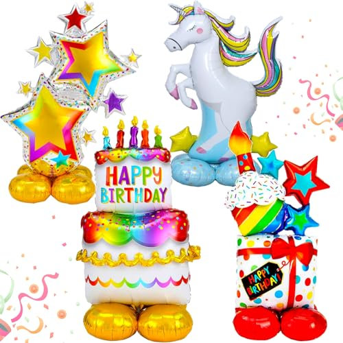 lankai 4 Stück Folienballon Happy Birthday, Folienballon Geburtstagstorte Stehend, Folienballon Happy Birthday Stehend, Stehendes Happy Birthday Folienballon Banner, Für Kindergeburtstag Deko