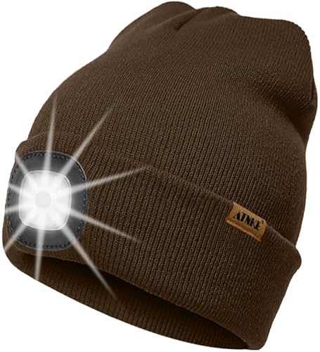ATNKE LED Cappello con Luce, USB Ricaricabile 4 LED Luce Cappello da Corsa Invernale Torcia Testa Mani Libere Calda Berretto Lavorato Maglia Tecnologia Regali per Uomo e Donna/Coffee