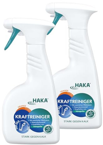 HAKA Kraftreiniger Spray, 2x 500ml, Badreiniger, starke Kalk- und Schmutzlösekraft, für Bad und Dusche, umweltfreundlich, Orangenduft, vegan