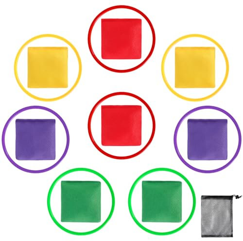 17Stks Buntes Wurf Sitzsack Spielzeug, Bohnensäckchen Wurfringe Karnevalsspiel, Bohnensäckchen und Kunststoffringe, Mehrfarben Sitzsack Werfen Wurfspiel, Bohnensäckchen für Outdoor Kinder Erwachsene