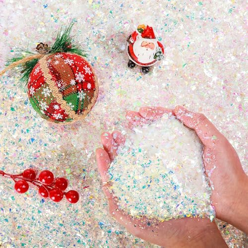 Aoriher 14.1 oz Christmas Glitter Artificial Snow Iridescent Fake Snow for Crafts Fake Snow Powder Filler Foil Flakes for Christmas Tree New Year Party Decoration, Colorful Pink and Blue