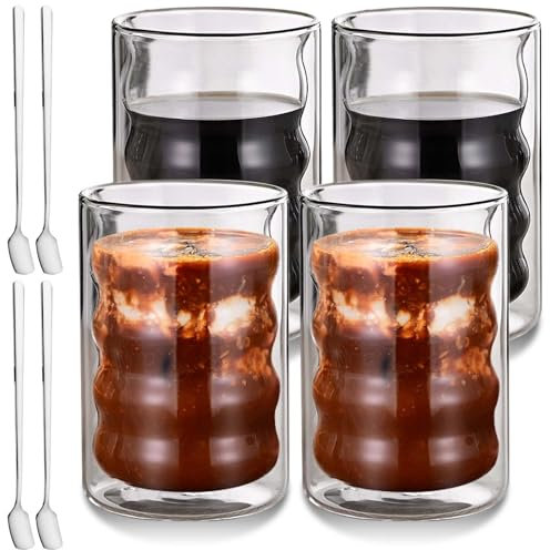 Asfrode Set de Vasos Latte Macchiato Doble Pared, 4 x 400ml Vasos de Café con 4 Cucharas Espiral Vasos Térmicos de Vidrio de Borosilicato Tazas para Capuchino Té Doble Pared Regalo