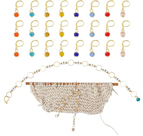 Hobbspring Enamel Crochet Stitch Markers Set Including 24pcs Glass Locking Stitch Markers and 2pcs Number Acrylic Knitting Row Counter Chains with Claw Clasps for Knitting Weaving Sewing Accessories