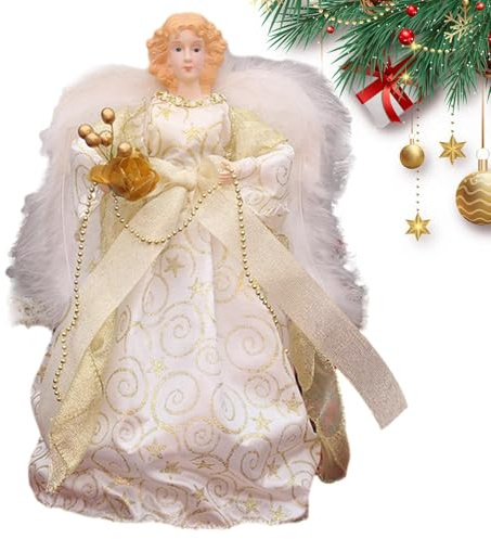 Julängel träddekoration | stående julängel med vita fjädervingar | 18 cm ängel trädtopp figur, julgransdekoration för födelsedag nyår