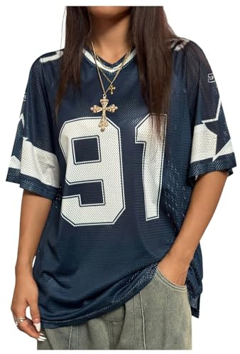 GORGLITTER Women's Star Number Graphic Jersey T Shirts V Neck Half Sleeve Loose Streetwear Tops Dark Blue Small