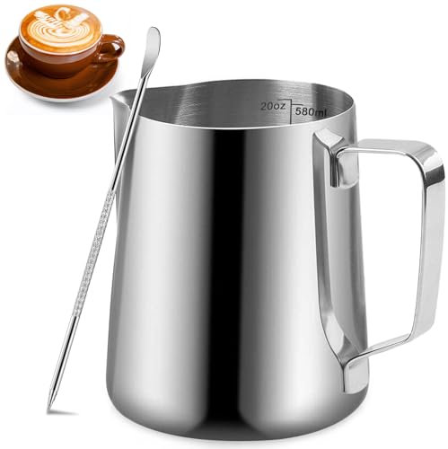 Milukon Milk Frothing Pitcher, 600ml Stainless Steel Milk Jug with Measurement Mark and Decorating Pen for Making Latte Art and Cappuccino Coffee, Silver/20OZ